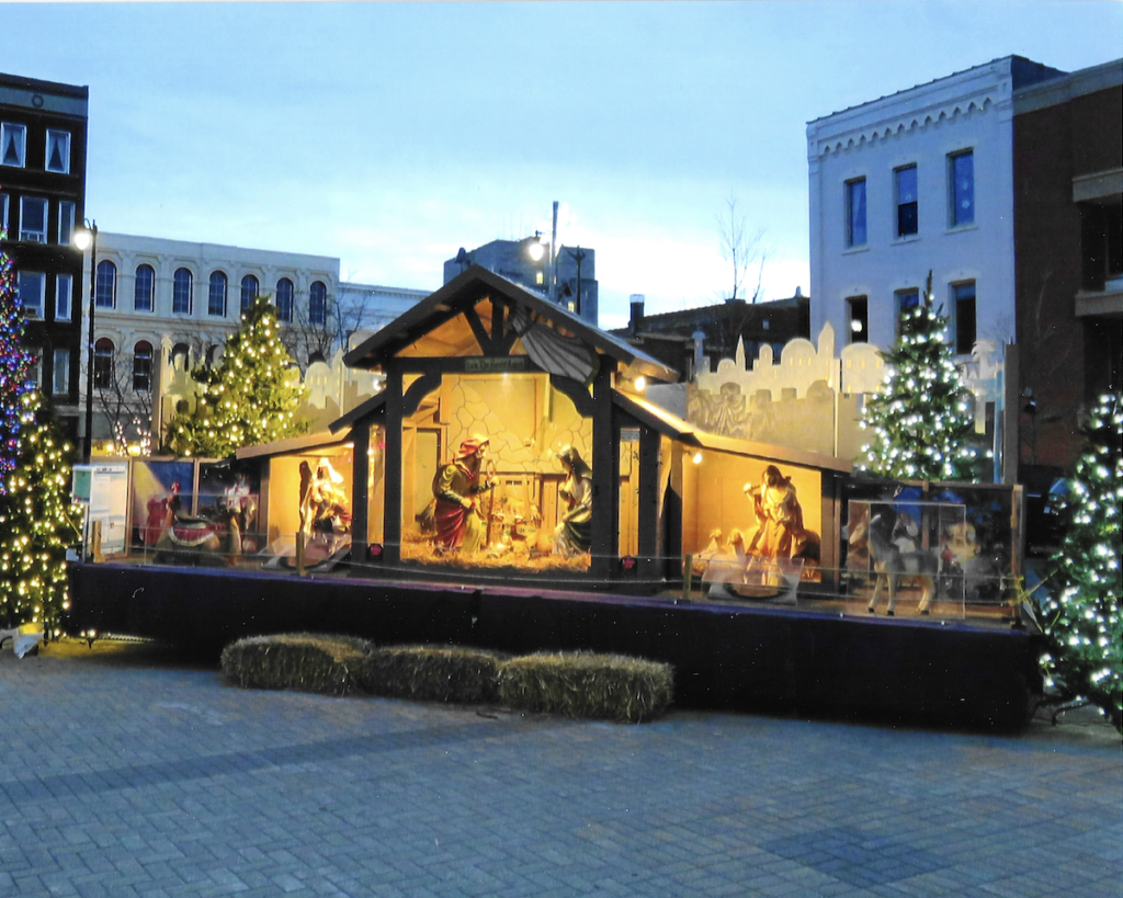 Racine Christmas Coalition - Nativity Display lit up at sunset.